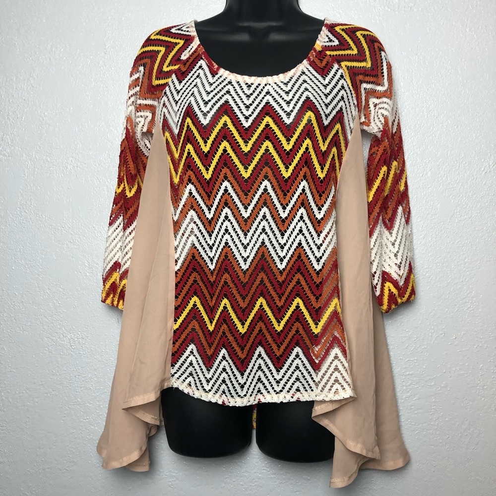 A’REVE chevron striped fall fire crochet knit shirt blouse sheer layers Sz Small - Picture 1 of 15